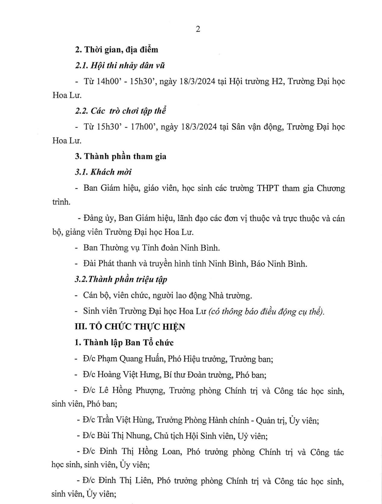 Kế hoạch tổ chức Chương trình giao lưu văn hóa - văn nghệ giữa sinh viên Trường Đại học Hoa Lư và học sinh một số trường THPT trên địa bàn tỉnh Ninh Bình