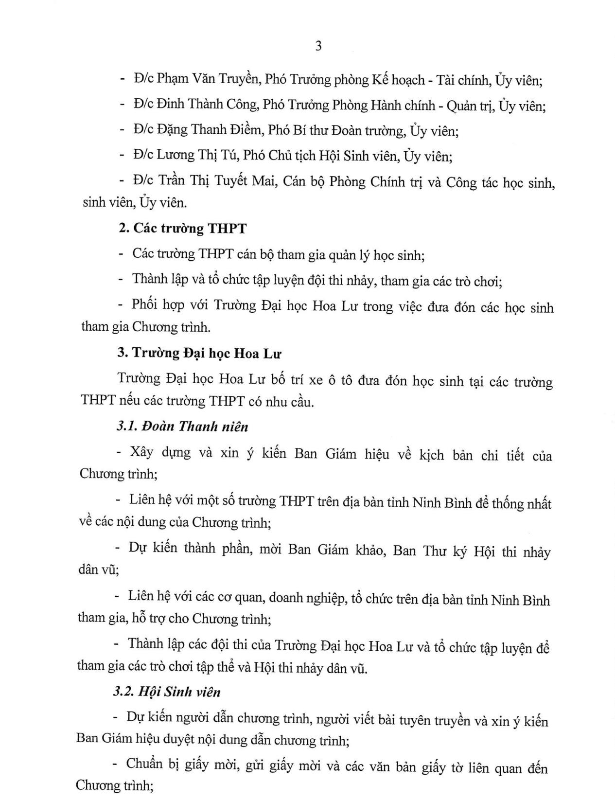 Kế hoạch tổ chức Chương trình giao lưu văn hóa - văn nghệ giữa sinh viên Trường Đại học Hoa Lư và học sinh một số trường THPT trên địa bàn tỉnh Ninh Bình