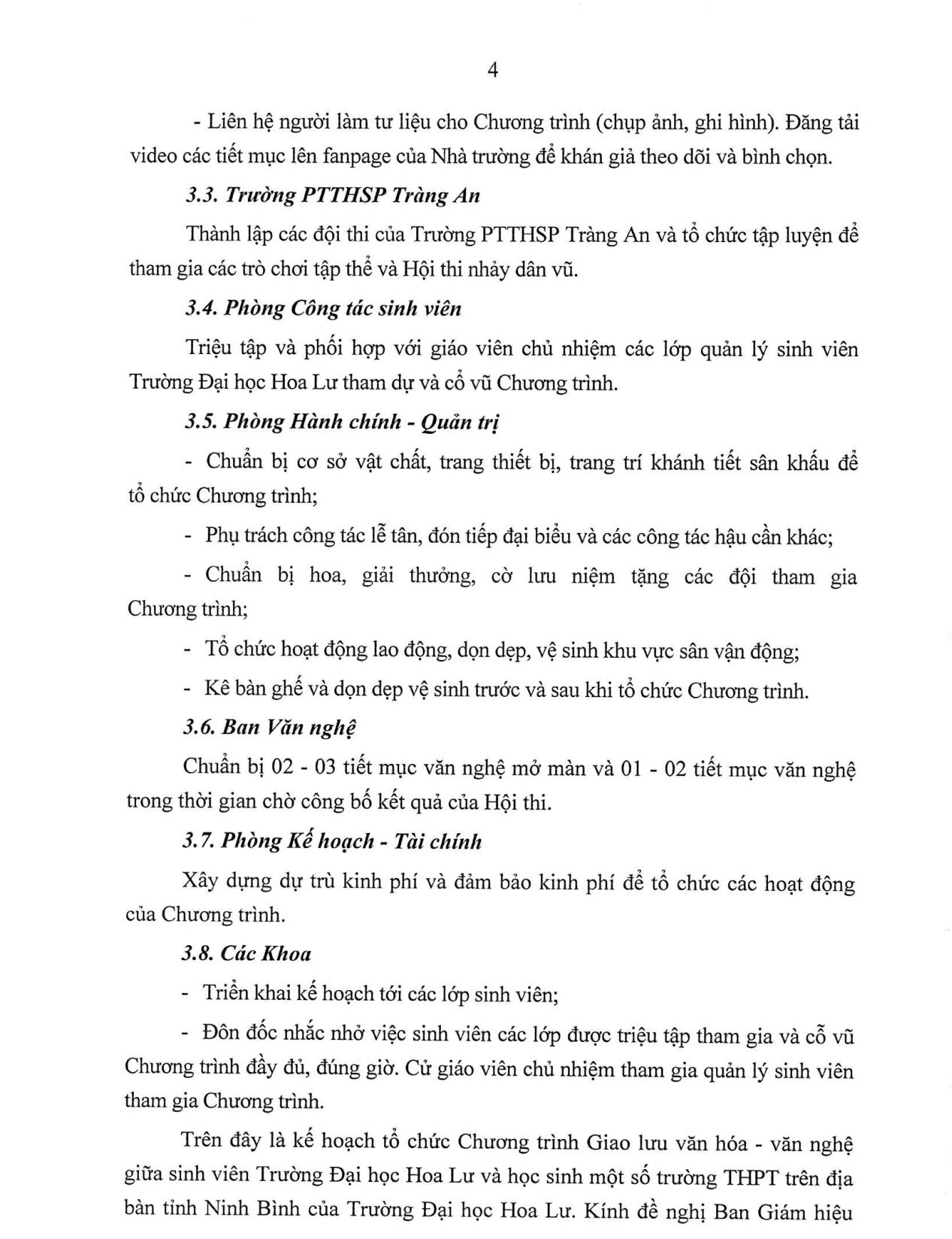 Kế hoạch tổ chức Chương trình giao lưu văn hóa - văn nghệ giữa sinh viên Trường Đại học Hoa Lư và học sinh một số trường THPT trên địa bàn tỉnh Ninh Bình