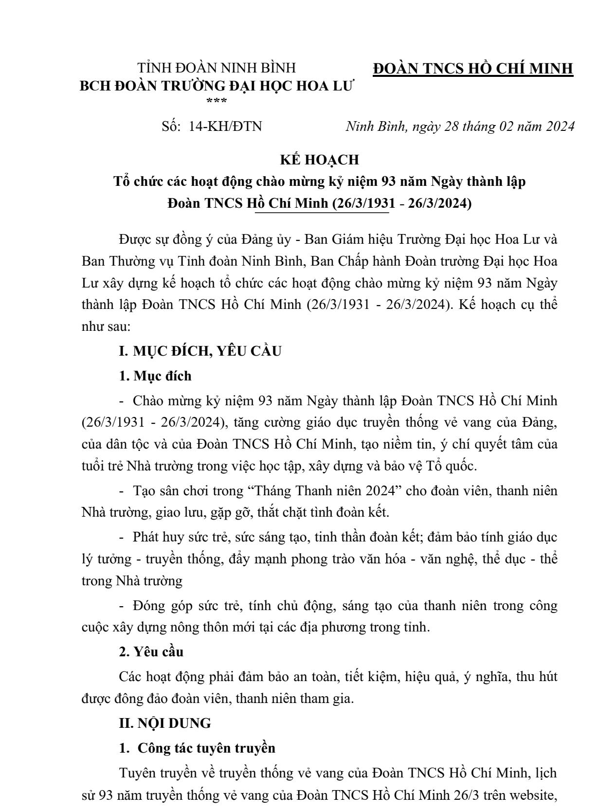 Kế hoạch tổ chức các hoạt động chào mừng 93 năm Ngày thành lập Đoàn TNCS Hồ Chí Minh (26/3/1931 - 26/3/2024)