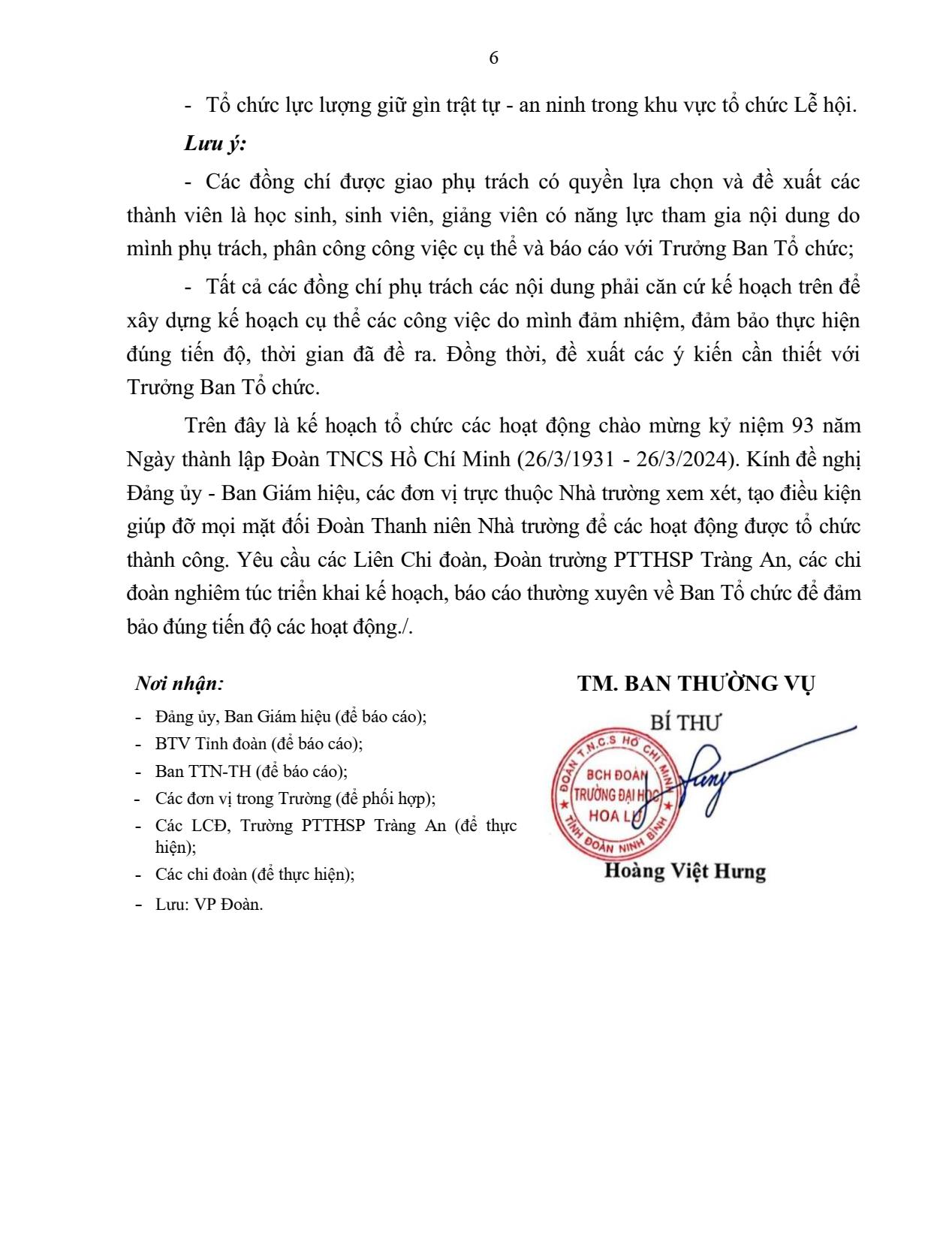 Kế hoạch tổ chức các hoạt động chào mừng 93 năm Ngày thành lập Đoàn TNCS Hồ Chí Minh (26/3/1931 - 26/3/2024)