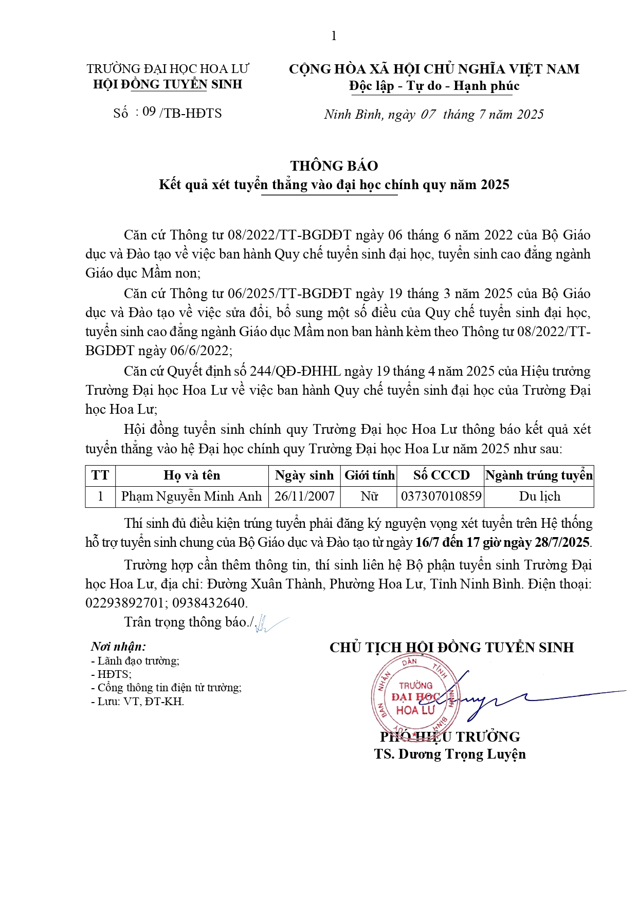 Thông báo kết quả xét tuyển thẳng vào đại học chính quy năm 2025