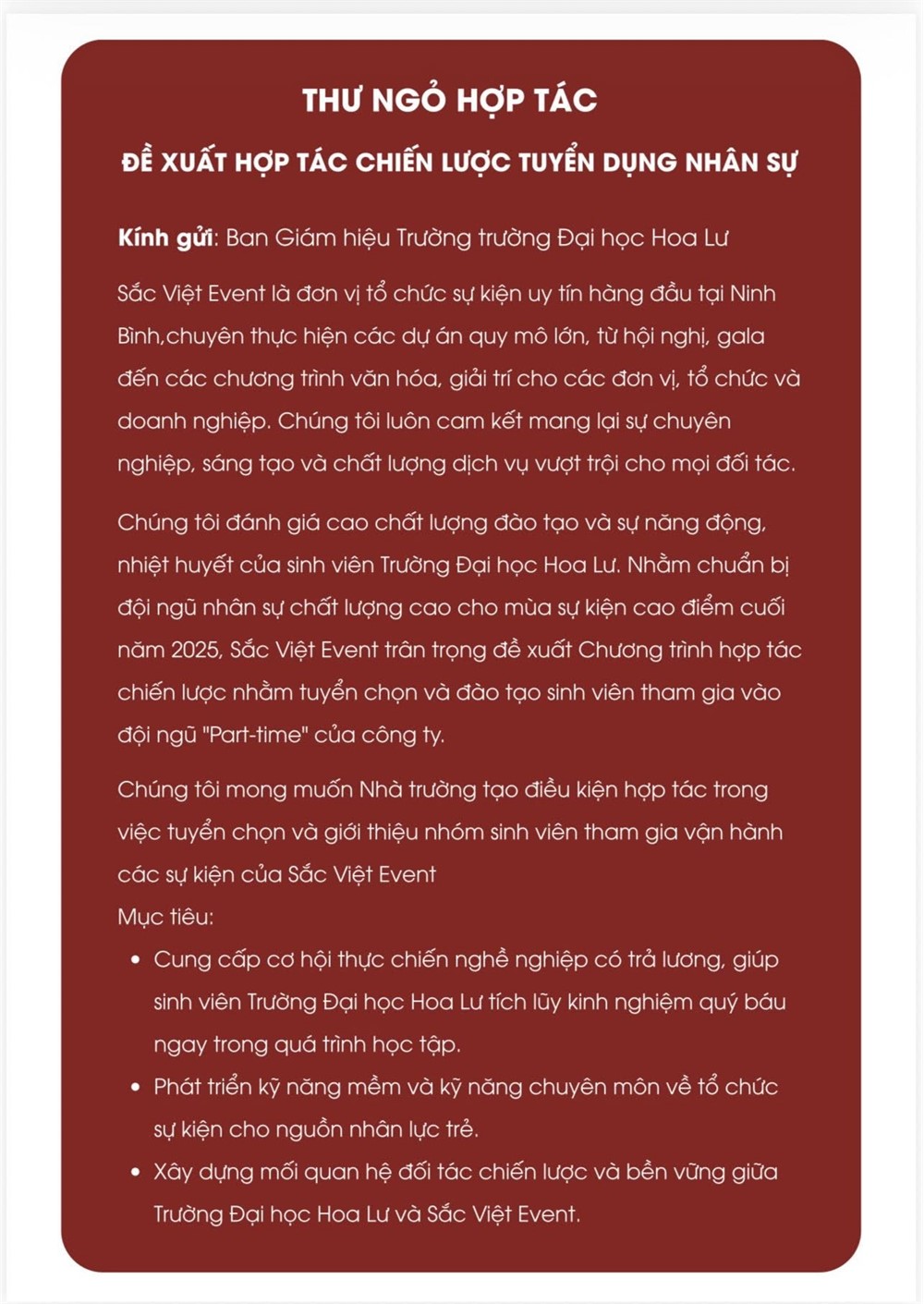 THÔNG BÁO TUYỂN DỤNG & ĐỀ XUẤT HỢP TÁC CHIẾN LƯỢC CÔNG TY TNHH DỊCH VỤ & GIẢI TRÍ SẮC VIỆT – CƠ HỘI VIỆC LÀM DÀNH CHO SINH VIÊN TRƯỜNG ĐẠI HỌC HOA LƯ